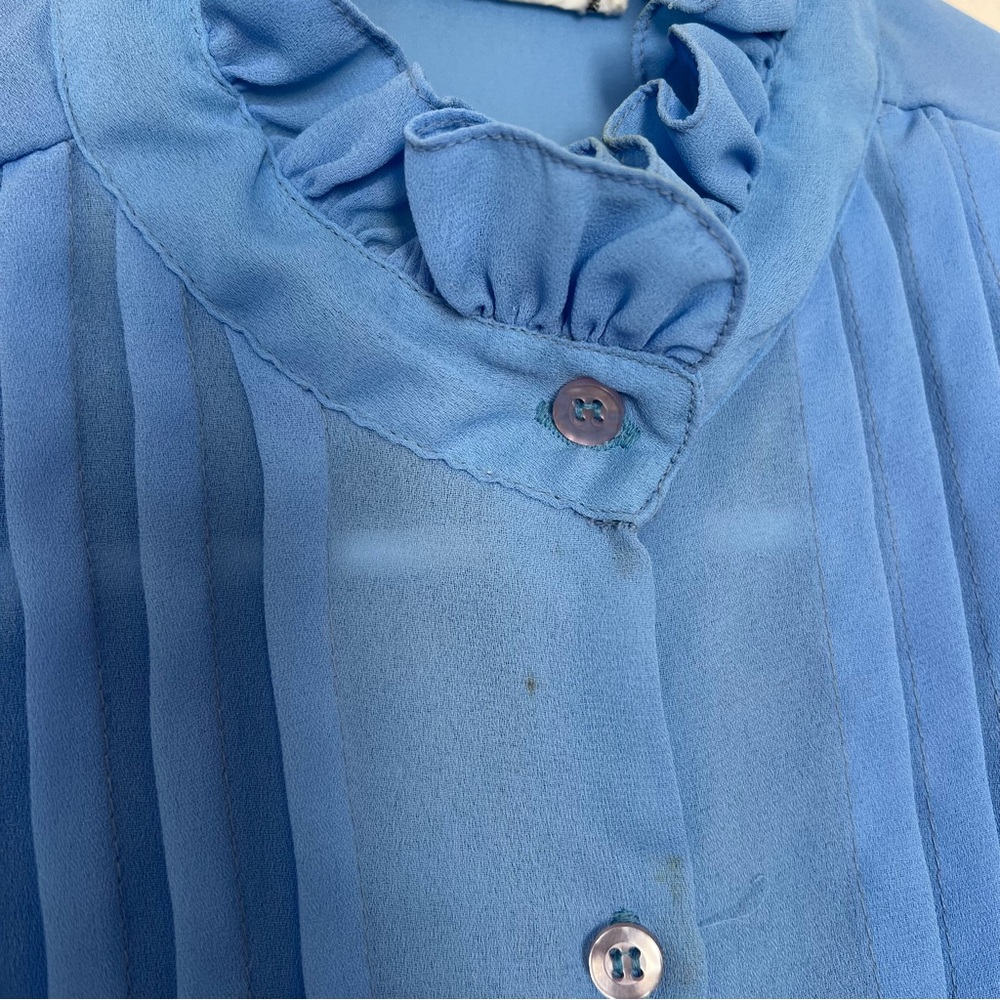 Vintage Blue Tuxedo Blouse 1980s High Neck Ruffle Womens Top Lloyd Harry Dumber - Picture 3 of 6